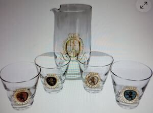 VTG Federal Glass Company Baronet Lion Crest Cocktail 5 Piece Set Gold Trim USA